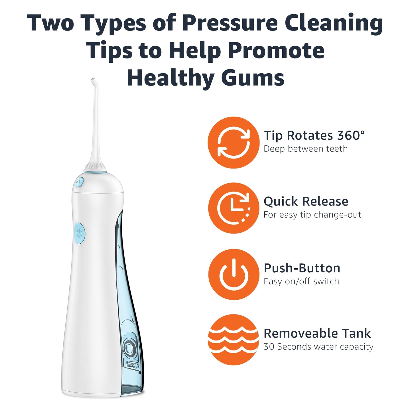 Amazon Basics HydroClean Portable Cordless Water Flosser for Teeth and Gums, 2 Pressure Tips, Removable Tank, 30 Seconds Water Capacity, 2 AA Batteries Included