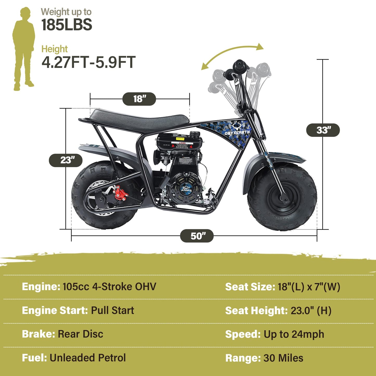 Oryxearth Mini Dirt Bike for Kids, Gas Powered Off Road Pit with Automatic Transmission and Pull Start Kids