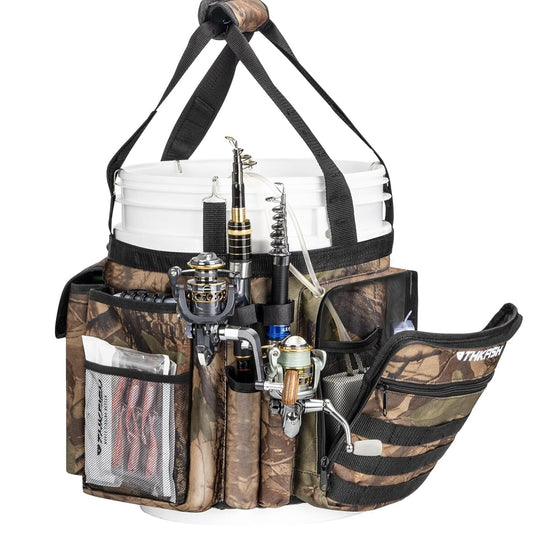 THKFISH Fishing Bucket Organizer for 5 Gallon Bucket, Ice Fishing Bucket Bag with Rod & Plier Holder, Adjustable Fish Protection Bucket Bag with Multi-Pockets for Fishing Gear