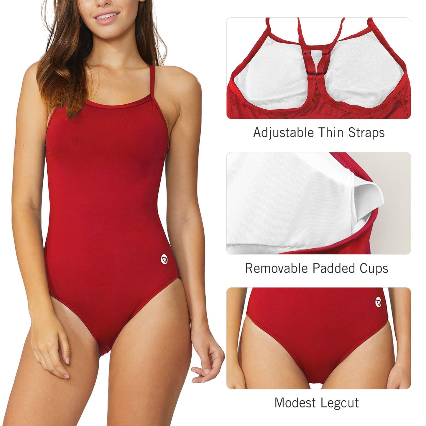 baleaf Women's Athletic Training Adjustable Strap One Piece Swimsuit Swimwear Bathing Suit Red 34/Small