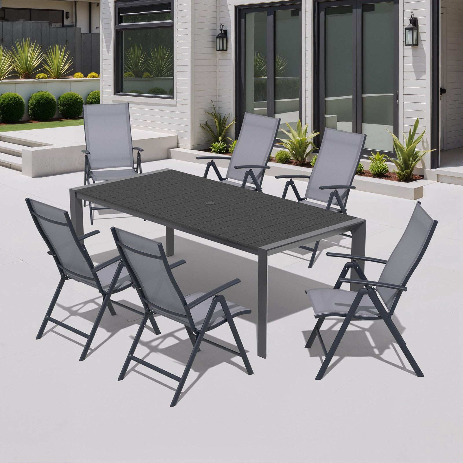 6 piece folding patio dining set with umbrella 7PCS Outdoor Dining Set Aluminum Dining Table with Umbrella Hole and Adjustable Folding Chairs