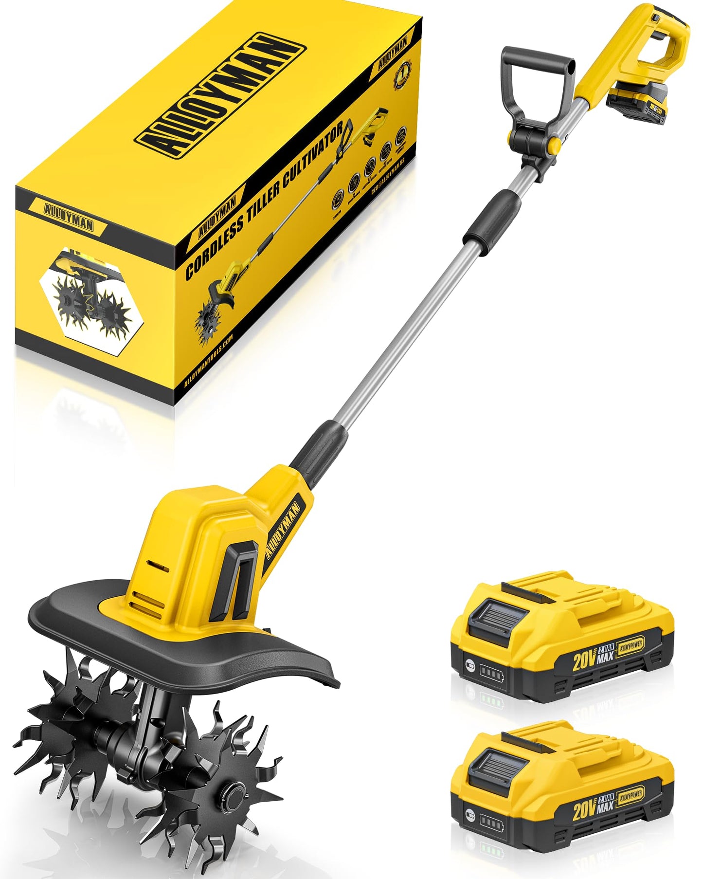 Alloyman 20V Cordless Tiller Cultivator, 360RPM Electric Garden Tiller, with 2 * 2.0Ah Batteries & Charger, 9In Tilling Width and 6.6In Depth Garden Rototiller for Lawn/Gardening/Soil Cultivation