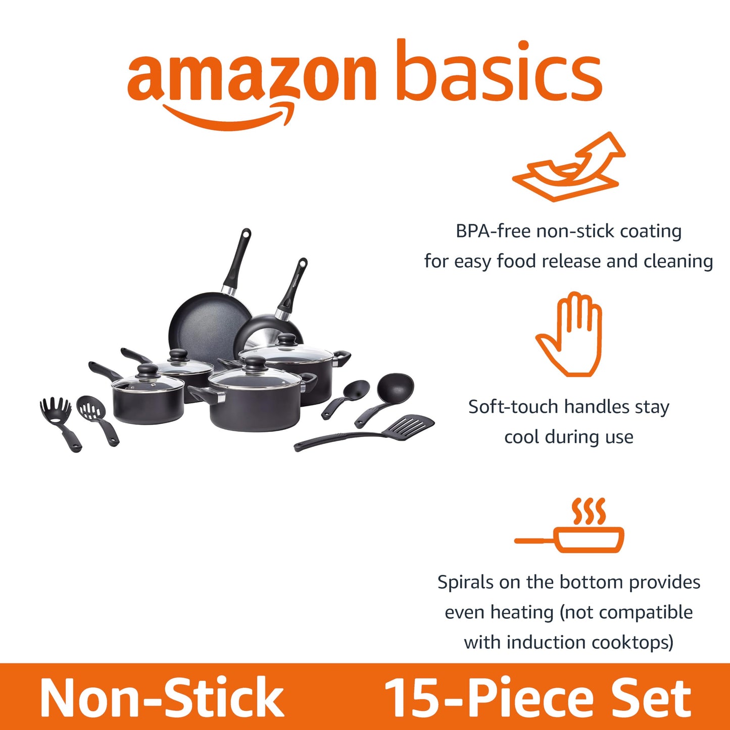 Amazon Basics Non Stick Kitchen Cookware 15-Piece Set, Non-Induction, Includes Pots, Pans, and Utensils, Black