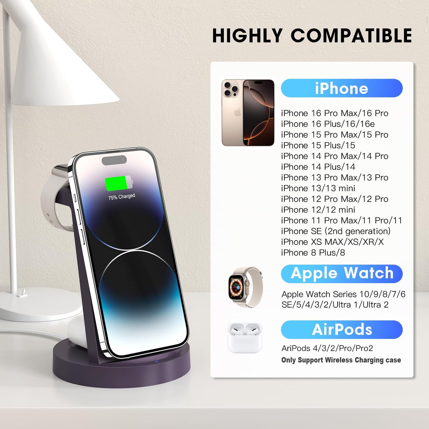 3 in 1 Charging Station for iPhone, Wireless Charger for iPhone 16e 16 15 14 13 12 11 X Pro Max & Apple Watch - Wireless Charging Station for AirPods 4 3 Pro