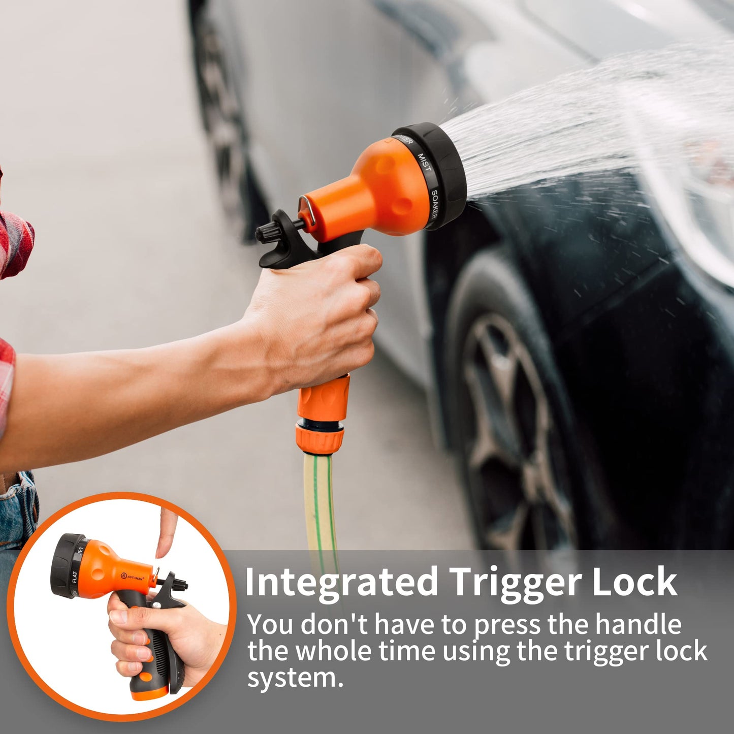 AUTOMAN-Garden-Hose-Nozzle, ABS Water Spray Nozzle with 7 Adjustable Watering Patterns, Slip Resistant for Watering Plants, Lawn& Garden, Washing Cars, Cleaning, Showering Pets & Outdoor Fun.