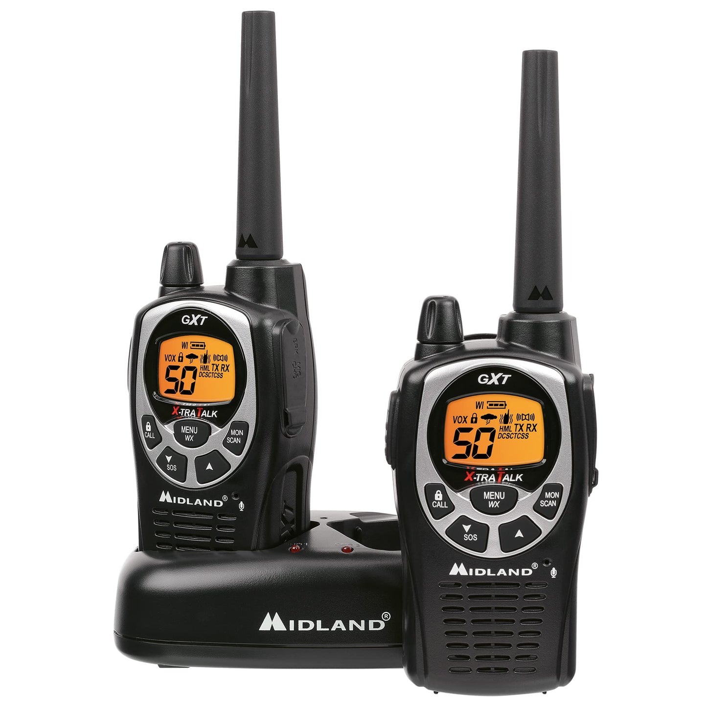 Midland GXT1000VP4 GMRS Two-Way Radio (50 Channel, Long Range, 142 Privacy Codes, SOS, NOAA, Rechargeable Nickel Battery, Black/Silver 2-Pack)