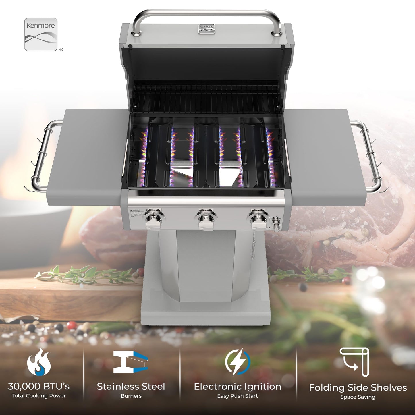 Kenmore 3-Burner Propane BBQ Grill, 30,000 BTUs Gas Grill with Cast Iron Cooking Grates, Folding Side Tables & Wheels, Outdoor Grill with Tool Hooks, Azure Blue