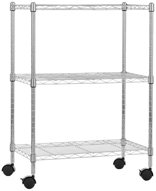 Amazon Basics 3-Shelf Adjustable, Heavy Duty Storage Shelving Unit on 2'' PP Plastic Wheel Casters, Metal Organizer Wire Rack, 23.2" L x 13.4" W x 32.75" H, Chrome