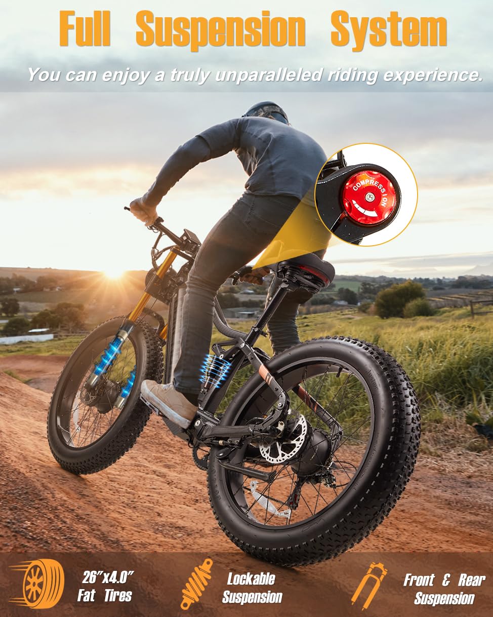 Dual Motor 2000W/1000W Electric Bike for Adults 48V 30AH/20Ah Long Range ebike Removable Battery 26" Fat Tire Off Road Mountain Full Suspension Electric Bicycle,Dual Hydraulich Brakes,32mph/30mph