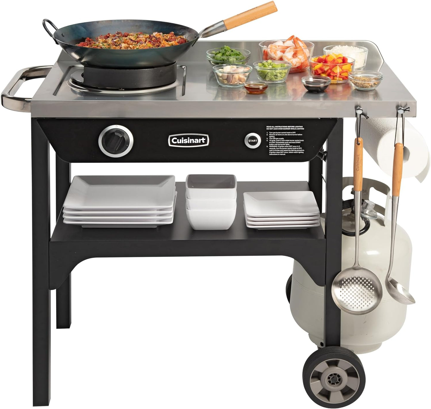 Cuisinart Outdoor Wok Station, 50,000 BTU Propane Outdoor Wok Burner with Prep Table, 14" Carbon Steel Fry Pan, Stainless Steel Side Table, Storage, Outdoor Cooking Station for Stir Fry, Searing, BBQ