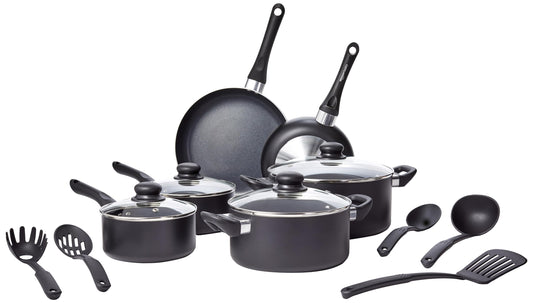 Amazon Basics Non Stick Kitchen Cookware 15-Piece Set, Non-Induction, Includes Pots, Pans, and Utensils, Black