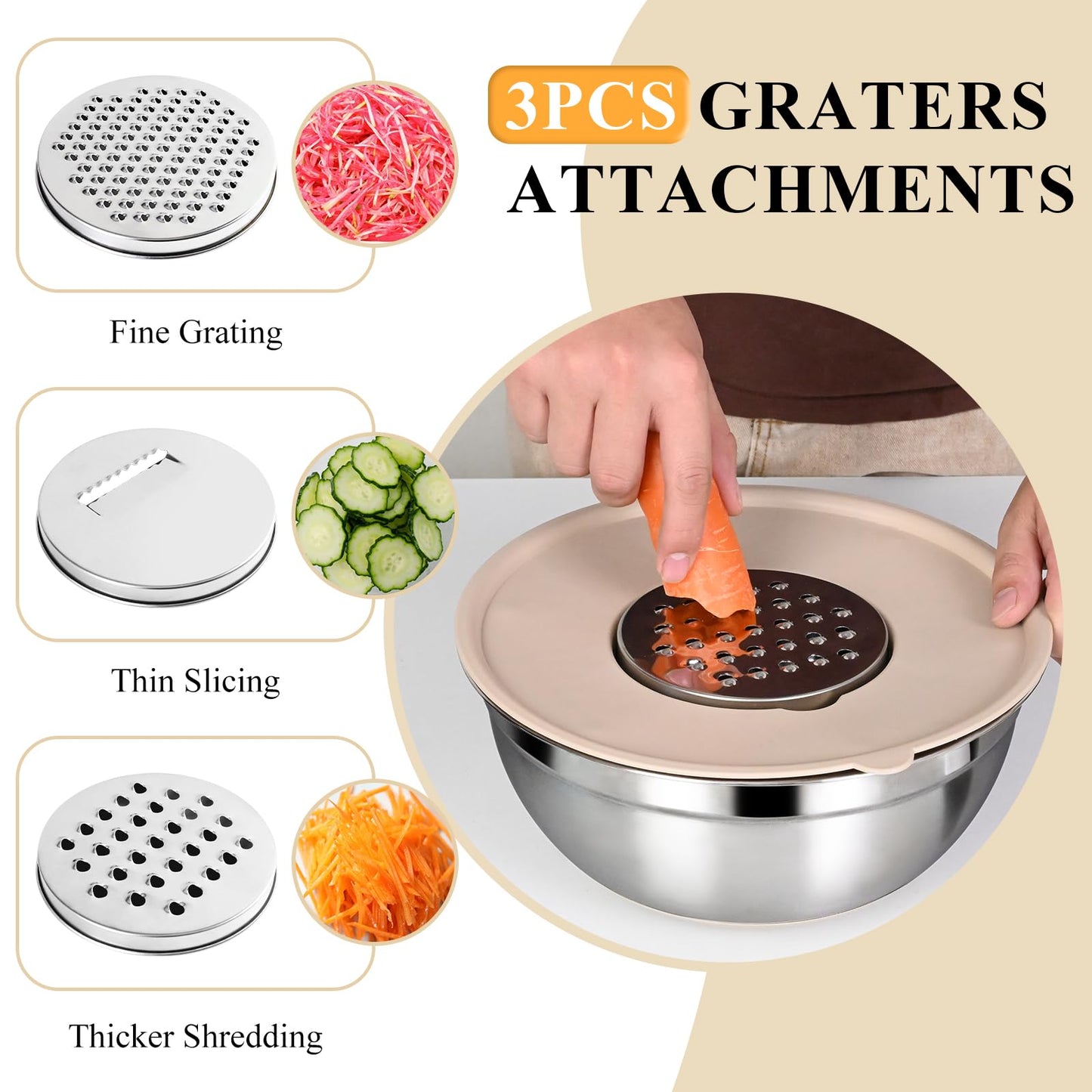 Mixing Bowls with Airtight Lids Set, 20 PCS Kitchen Gadgets Set, 6 Stainless Steel Bowls,3 Grater Attachments,Non-Slip Silicone Bottoms,Great for Serving&Baking,Size 5, 4, 3.5, 2.1, 1.5, 1.1QT (Khaki)