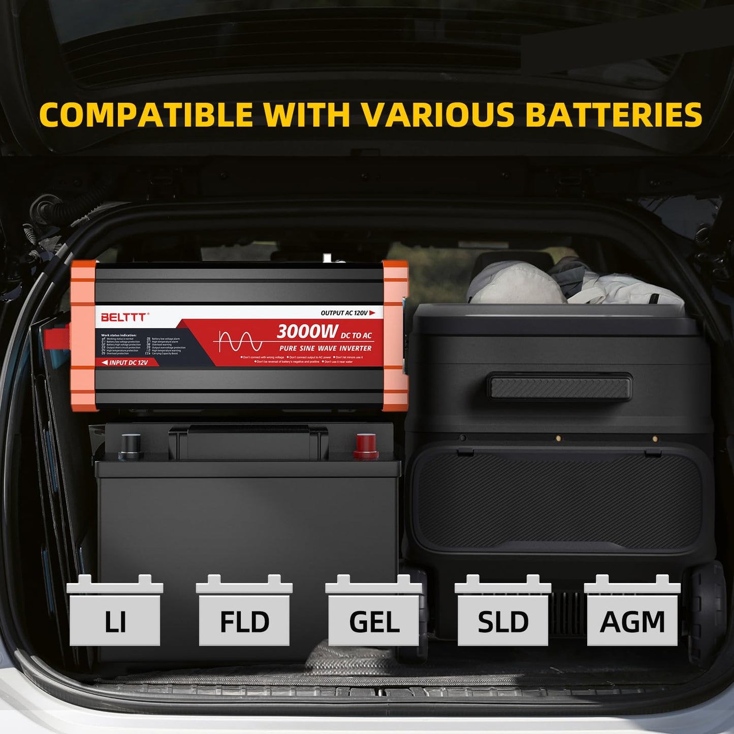 BELTTT 1000Watt Pure Sine Wave Inverter 12V DC to 120V AC for RV, Truck, Off-Grid Solar Car Power Inverter 12V to 110V Converter with Dual AC Socket and 5V 2.1A USB, Intelligent LCD, 2000W Peak