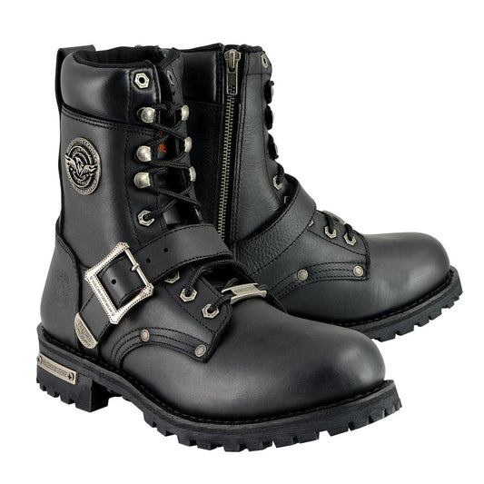 Milwaukee Leather Men's Black Leather Lace-Up Engineer Motorcycle Boots w/Buckles and Side Zipper MBM101-9