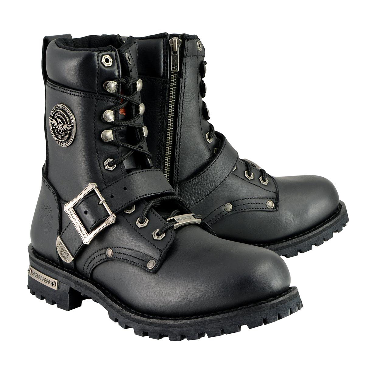 Milwaukee Leather Men's Black Leather Lace-Up Engineer Motorcycle Boots w/Buckles and Side Zipper MBM101-9