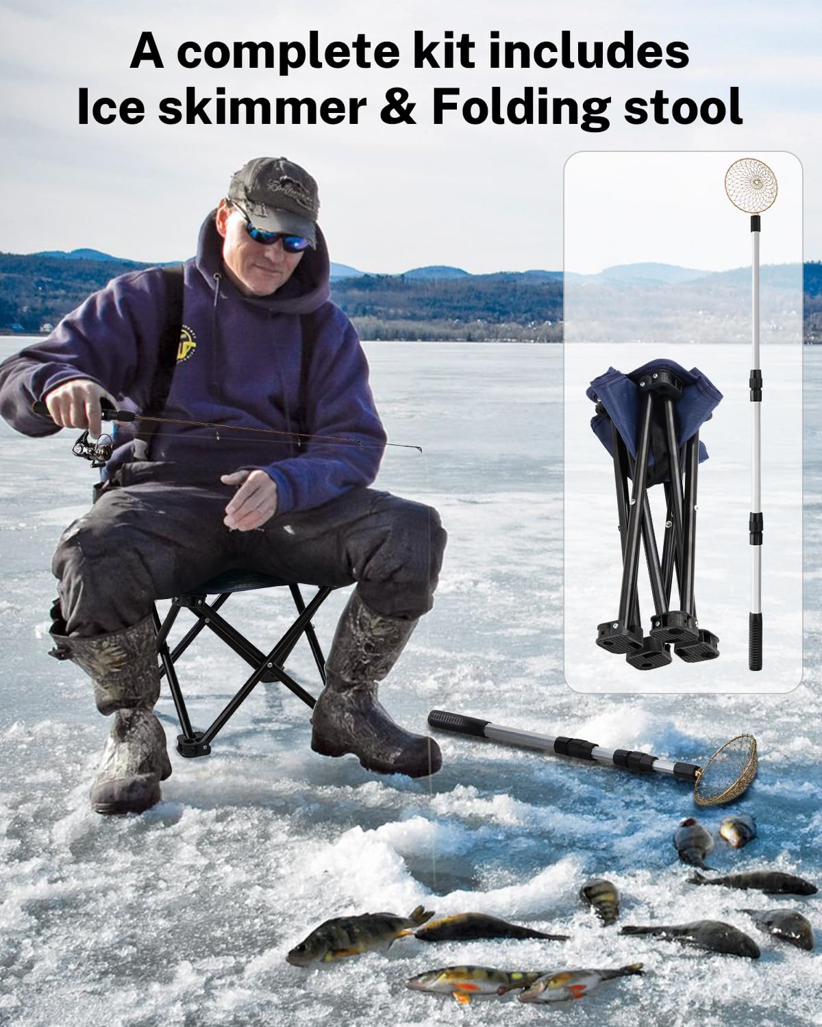 Gonex Ice Fishing Rod Reel Combo Medium Light Carbon Fiber Fiberglass Portable Complete Kit Include Skimmer Spare Rod Spinning Ice Fishing Reel Ice Jig Folding Stool for Winter Fishing