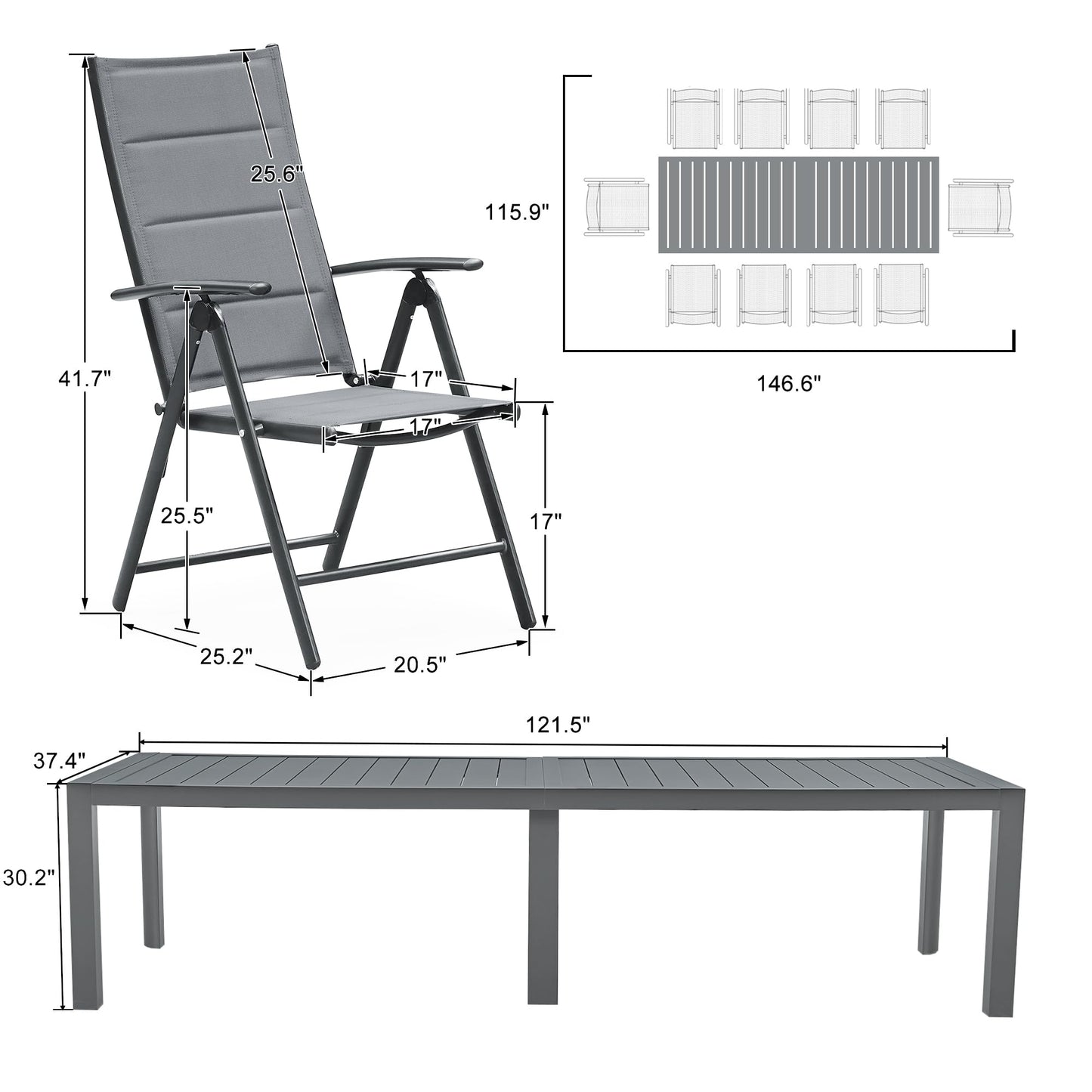PURPLE LEAF 9 Pieces Outdoor Patio Dining Set with 8 Folding Portable Chairs and 1 Rectangle Aluminum Table, Foldable Adjustable High Back Reclining Chairs with Soft Cotton-Padded Seat, Grey