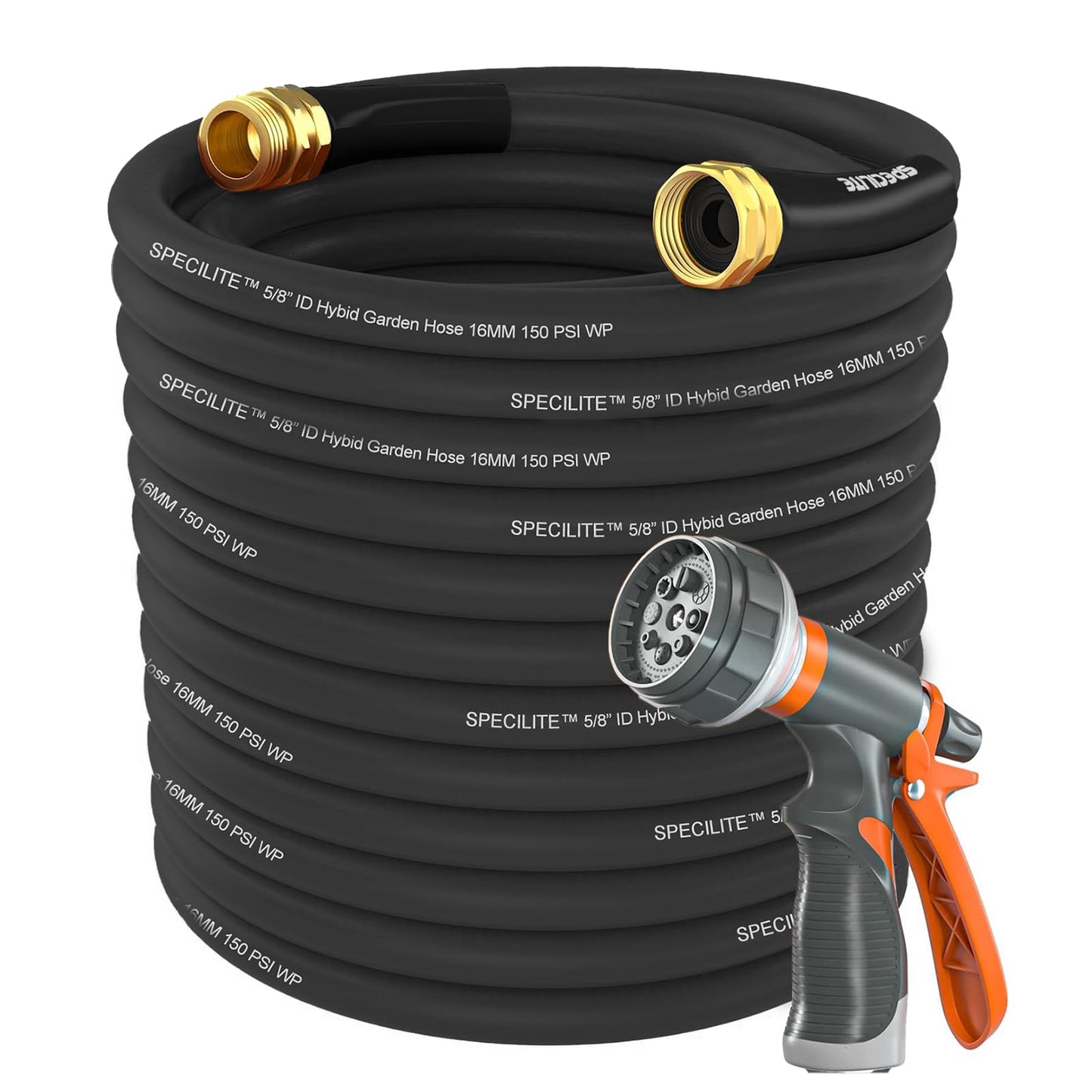 Garden Hose 50 ft x 5/8 in Heavy Duty, Flexible and Lightweight Water Hose, Burst 600 psi, Kink-less Hybrid Rubber Hose for Backyard, 3/4'' Brass Fittings