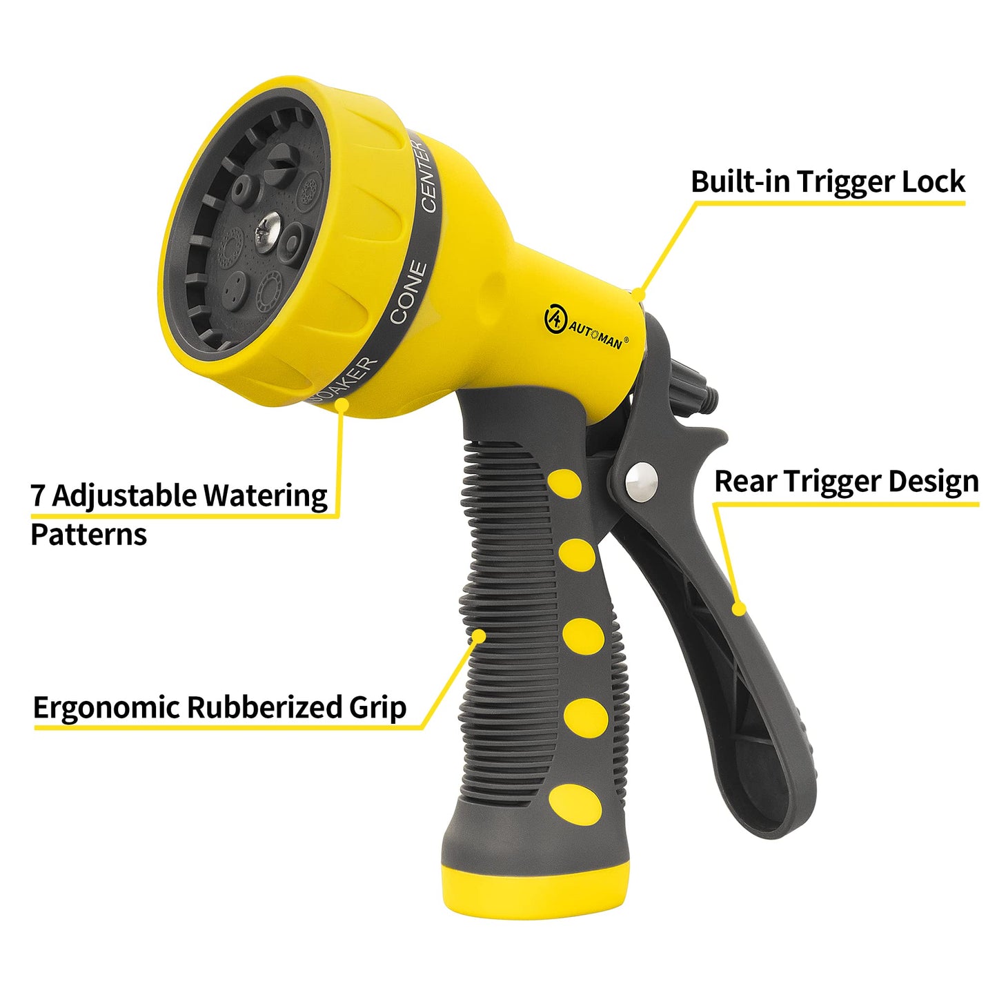 AUTOMAN-Garden-Hose-Nozzle, ABS Water Spray Nozzle with 7 Adjustable Watering Patterns, Slip Resistant for Watering Plants, Lawn& Garden, Washing Cars, Cleaning, Showering Pets & Outdoor Fun.
