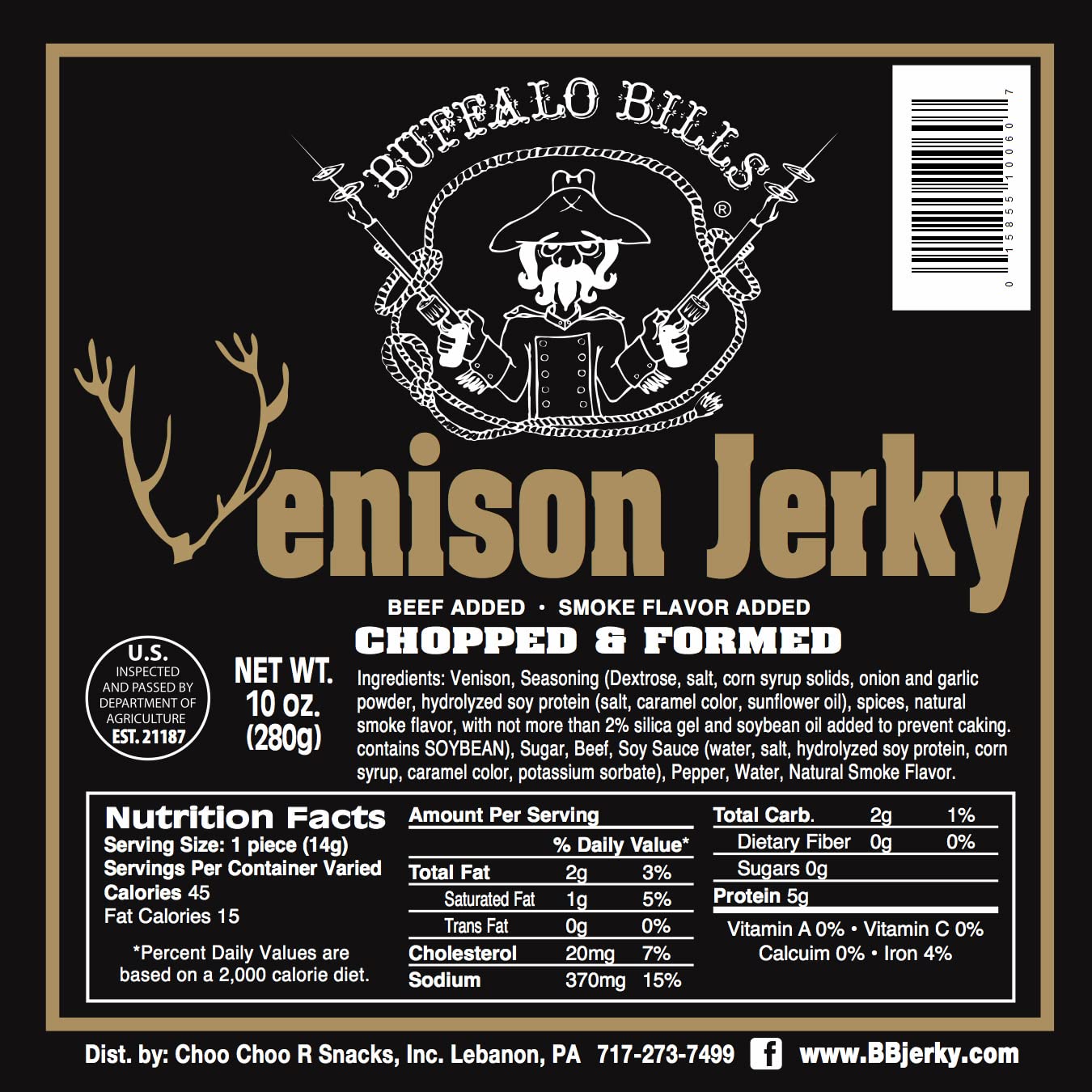 Buffalo Bills Venison Jerky Strips 10oz Pack (20 venison jerky 7" strips per bag)