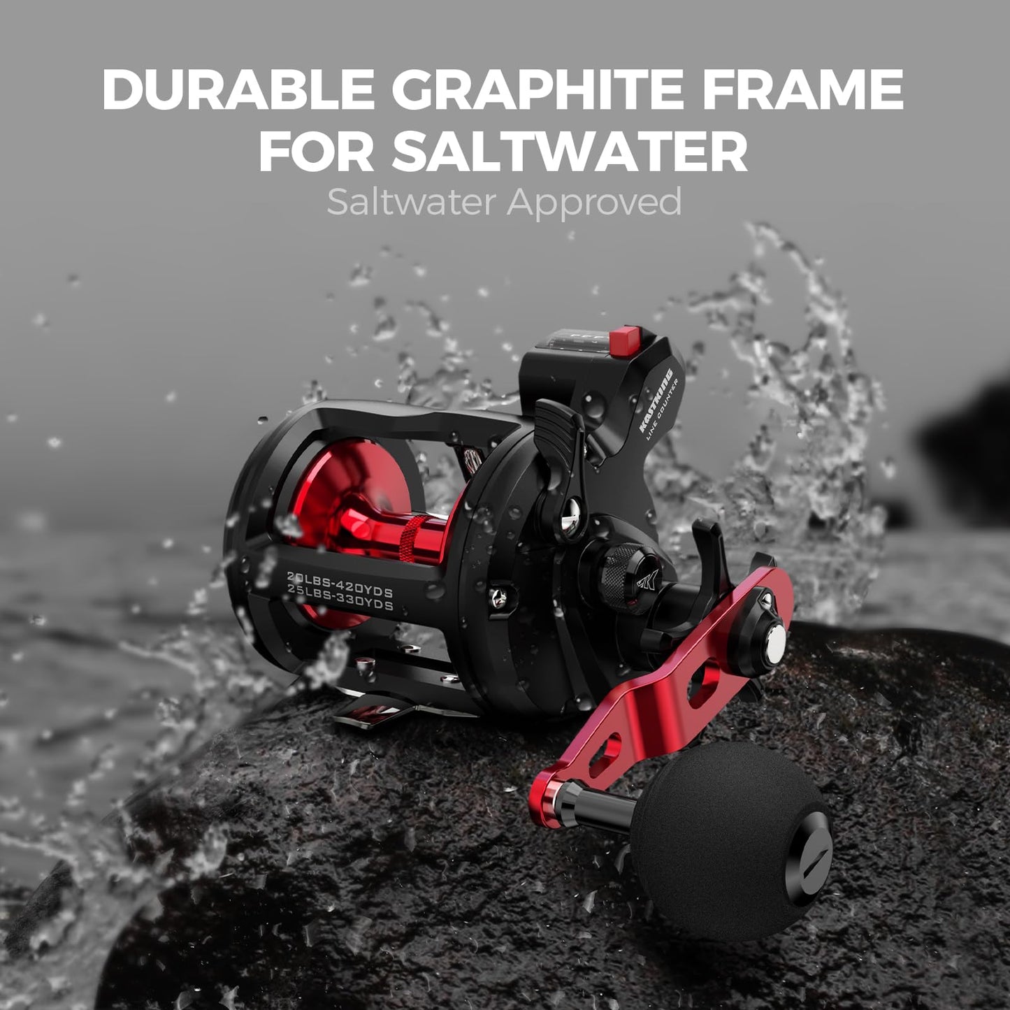 KastKing ReKon Round Baitcasting Fishing Reel, Saltwater Inshore Surf Trolling Reel, Up to 30LBS Powerful Max Drag, Conventional Reel for Catfish, Musky, Bass, Durable Graphite Frame for Saltwater