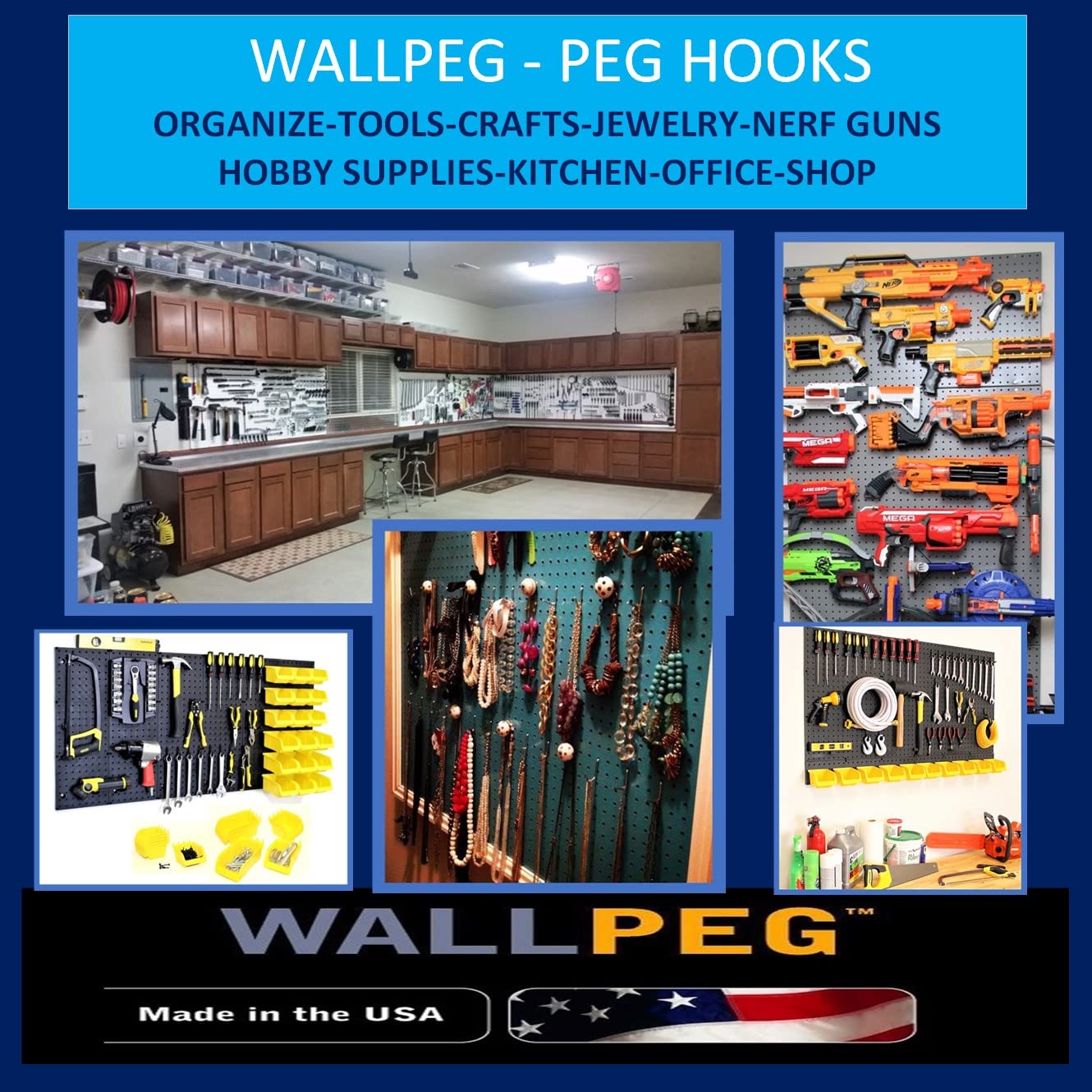 WallPeg Pegboard Wall Organizer - 96” Wide | 4 Pack 24”x16” Heavy Duty Plastic Peg Boards | Made in USA | Garage Tool Storage, Workshop, Craft Room, Office Wall Organizer | Tuff Peg-Board Panels