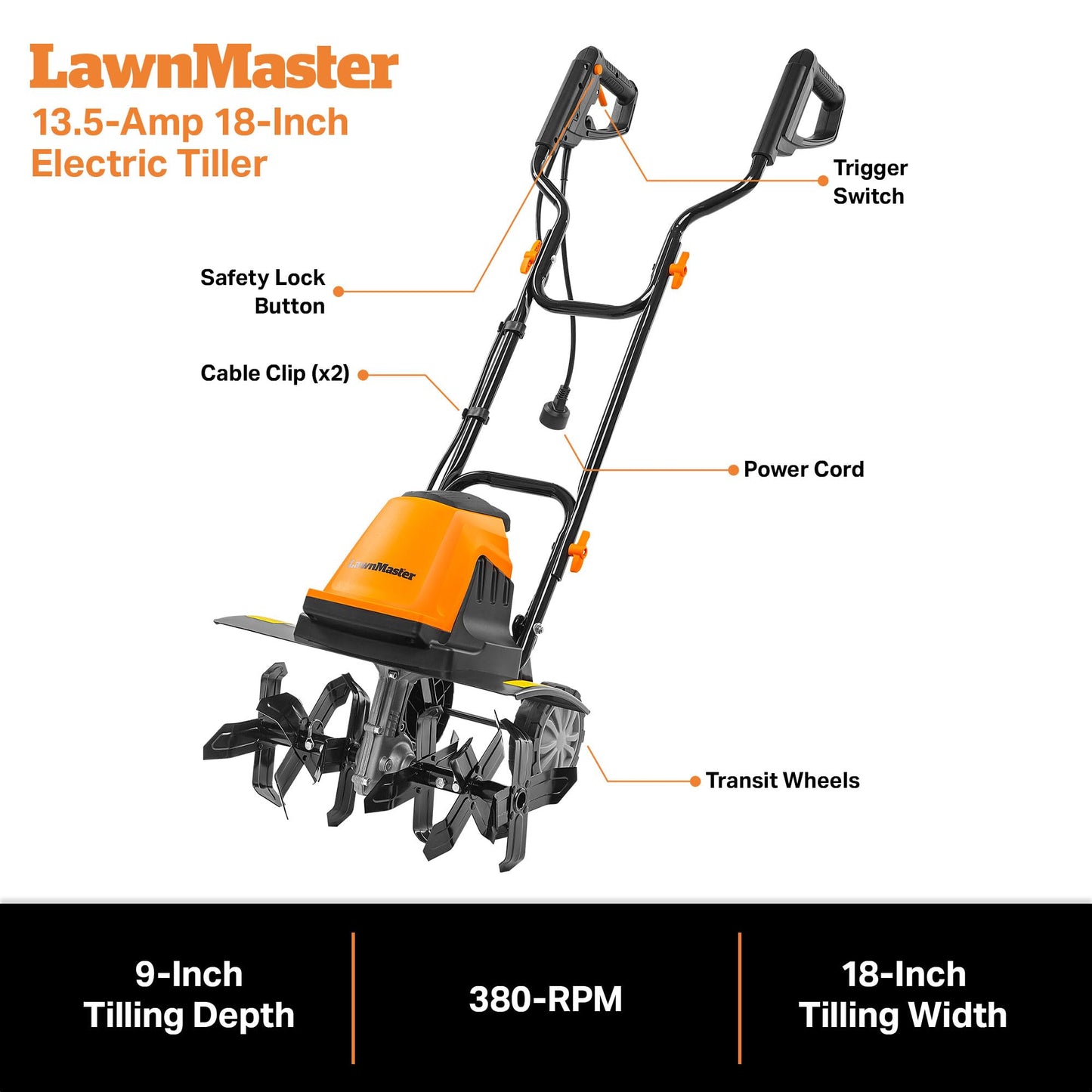 LawnMaster TE1016M Electric Tiller 10-Amp, 16-Inch,Green