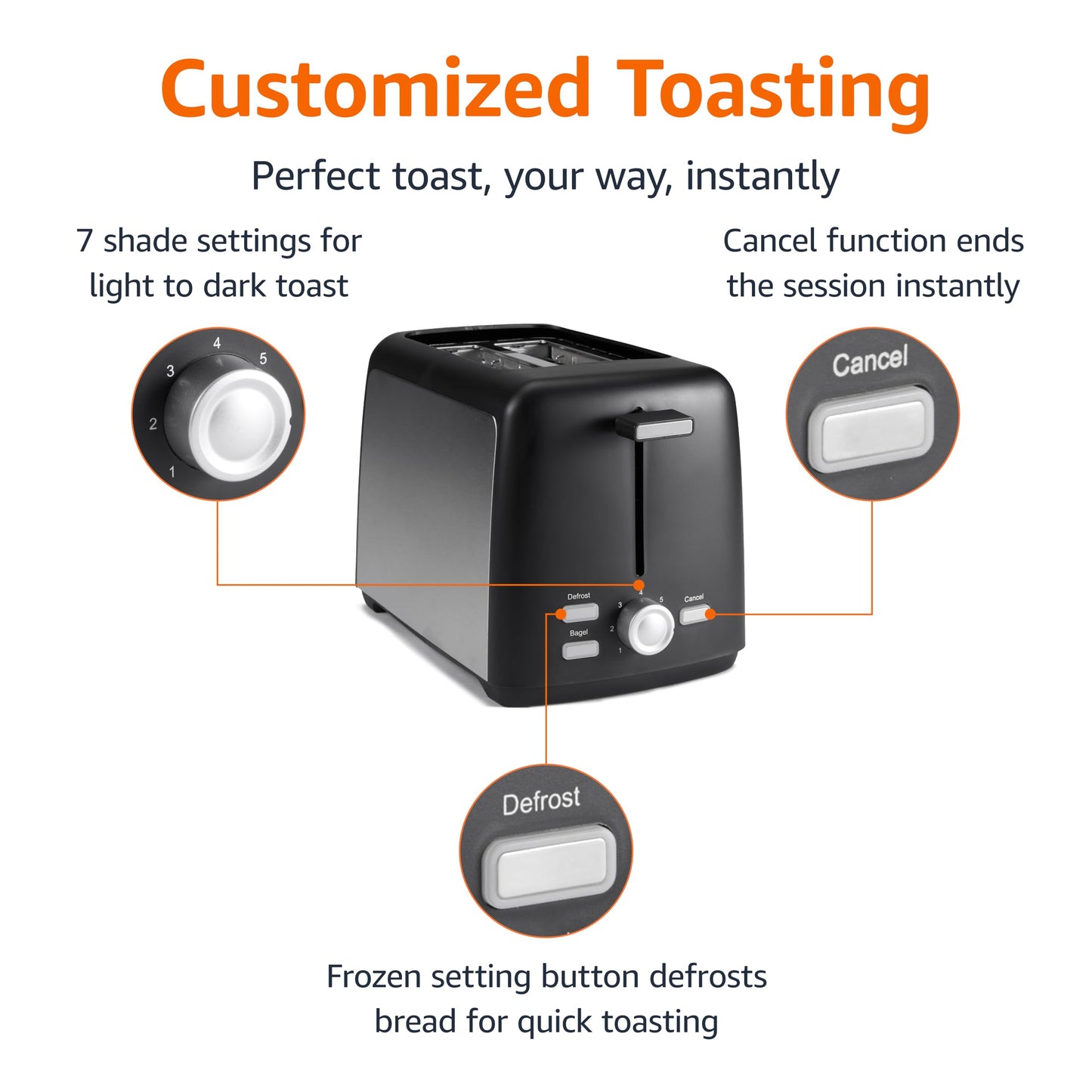Amazon Basics 2 Slice Toaster, With 7 Browning Settings, Extra Wide Slots For Bagels and Special Breads, Removable Easy-to-Clean Crumb Trays, Cancel/Defrost/Bagel Buttons, 800W, Black & Silver
