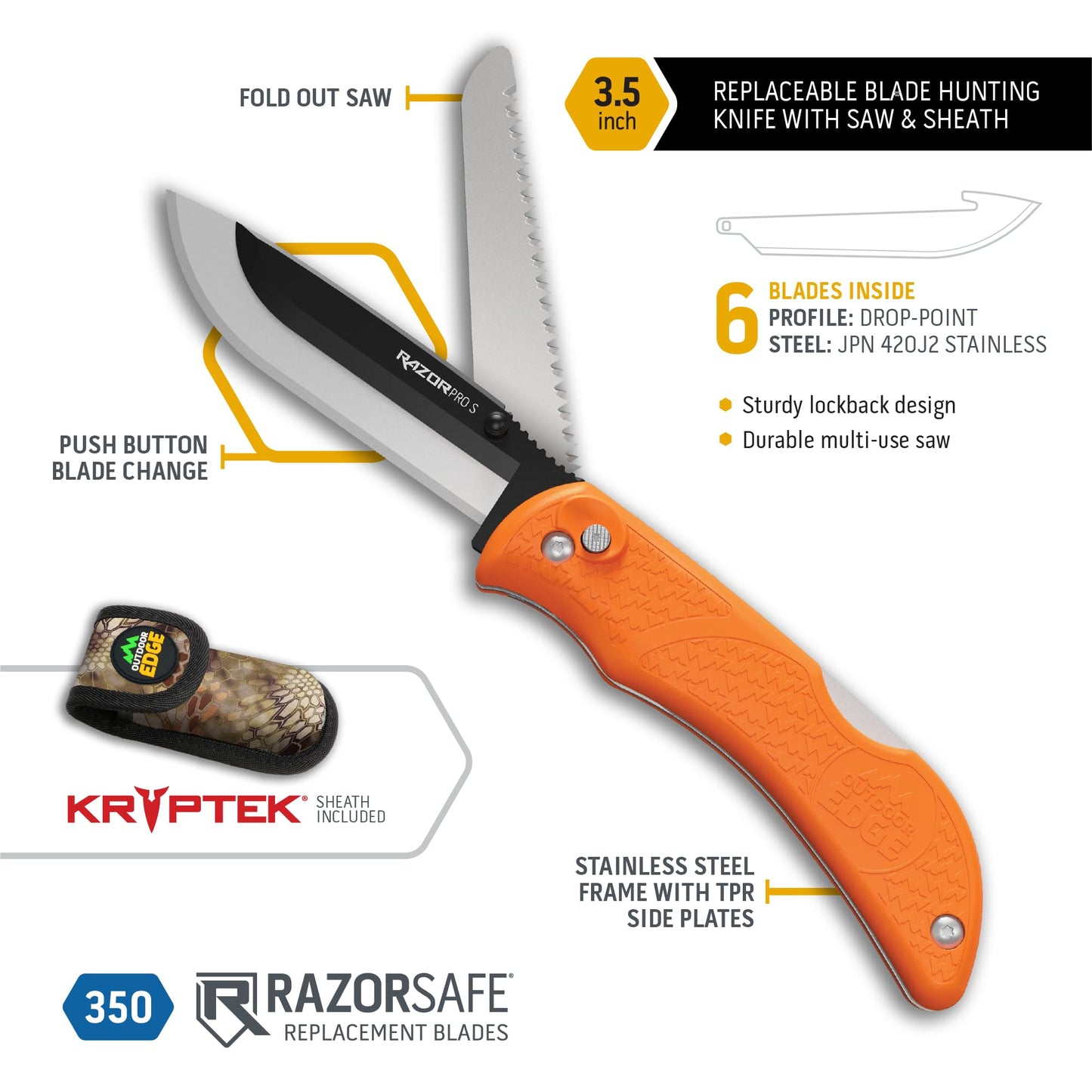 OUTDOOR EDGE RazorPro Double Blade Folding Hunting Knife & Filp N' Zip Bone Saw - Hunting Knife Features a Gutting Blade & Replaceable RazorSafe Skinning Blade. Includes Camo Nylon Sheath
