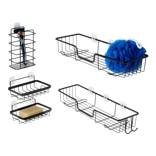 Amazon Basics Stainless Steel Shower Organizer Caddy with Soap Holder, Black, Set of 5