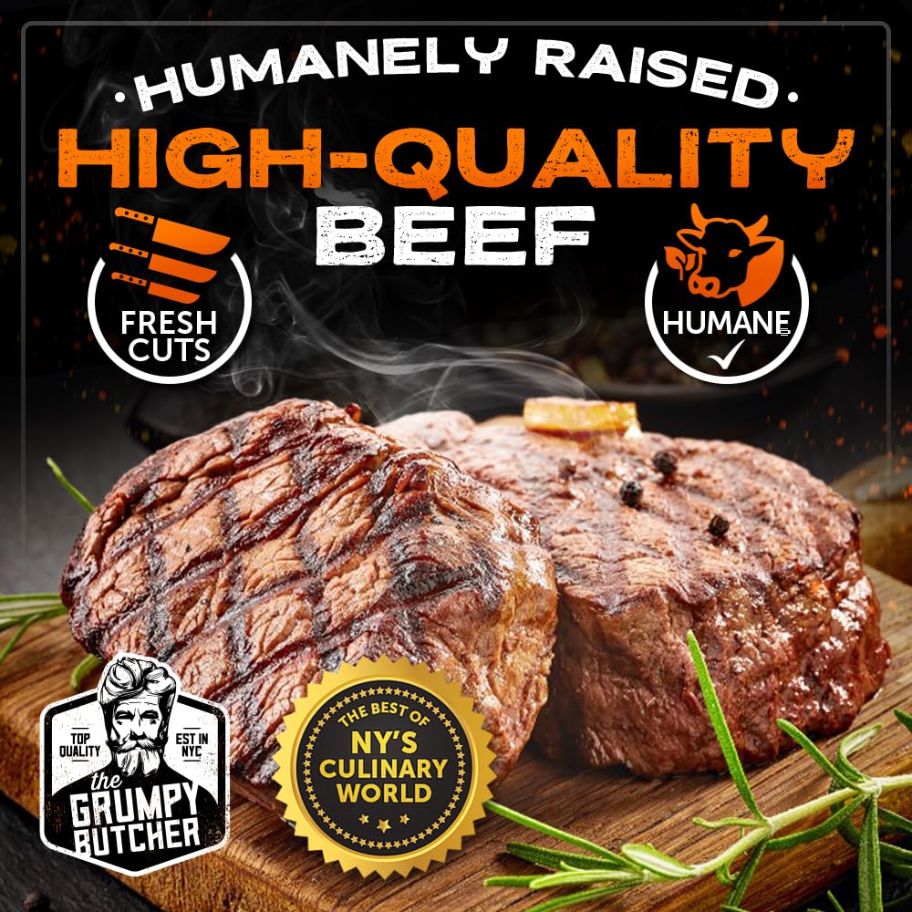 Grumpy Butcher Box Meat Food Gifts: 2 Top Sirloins Steaks (6 oz), 2 Duroc Bone in Pork Chops (14 oz) & 2 Cheese Stuffed Chicken Breasts Wrapped in Bacon (8 oz) - Gourmet Gift Basket for Men