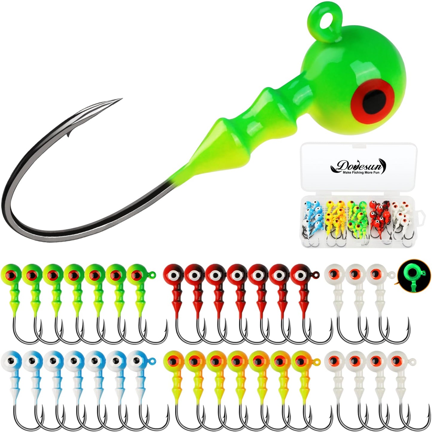 Dovesun Jig Heads for Fishing, Painted Jigheads with 3D Eye Ball Glowing Walleye | Bass | Crappie jigs 1/2oz 3/8oz 1/4oz 1/5oz 1/8oz 1/10oz 1/16oz 1/32oz Fishing Jig Hooks Assortment 15-40pcs