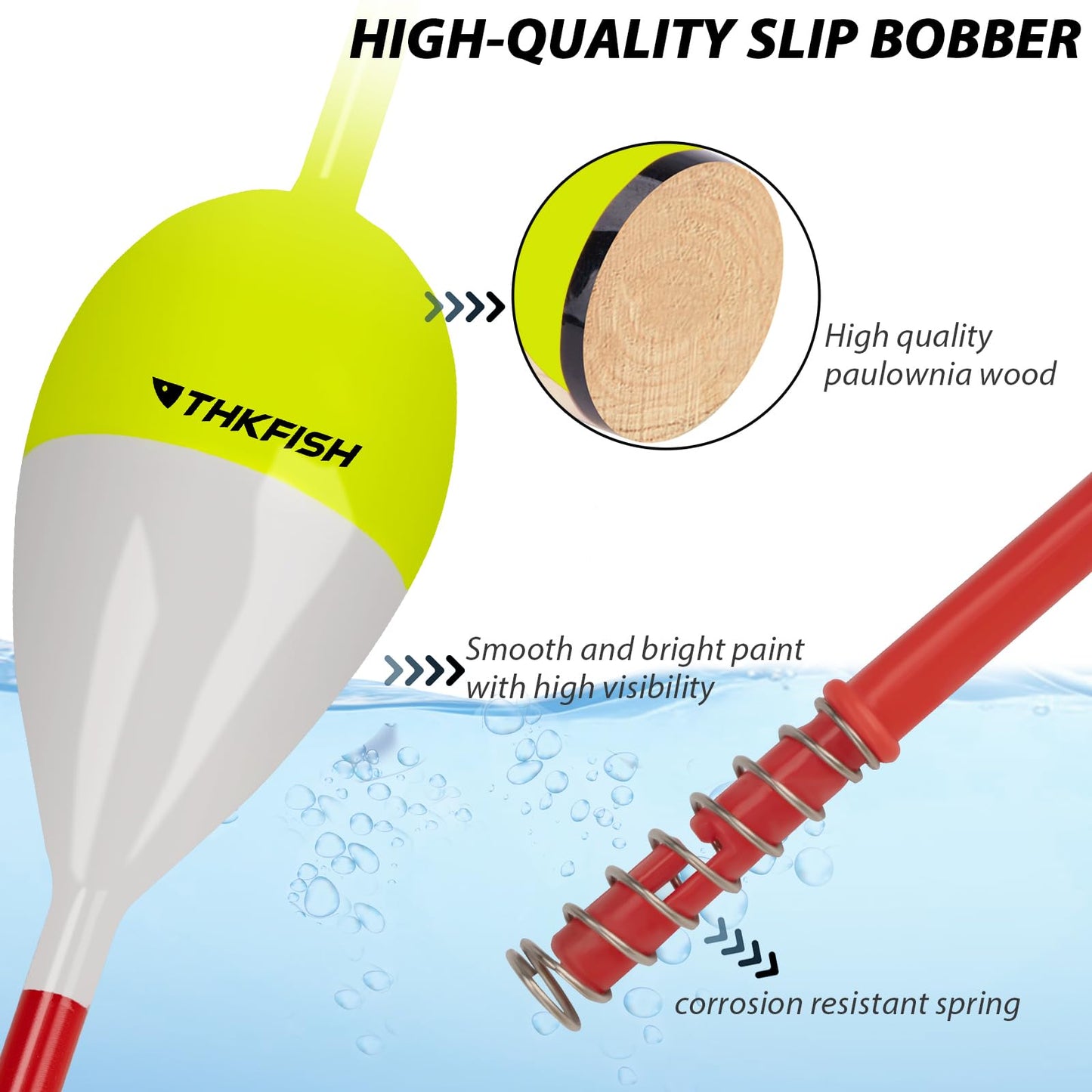 THKFISH Fishing Floats and Bobbers Balsa Wood Floats Spring Bobbers with Oval Slip Bobbers for Crappie Panfish Walleyes Fixed Bobber (1"X0.7"X6") (1.25"X0.75"X6") (2"X1.14"X5.86") 5pcs