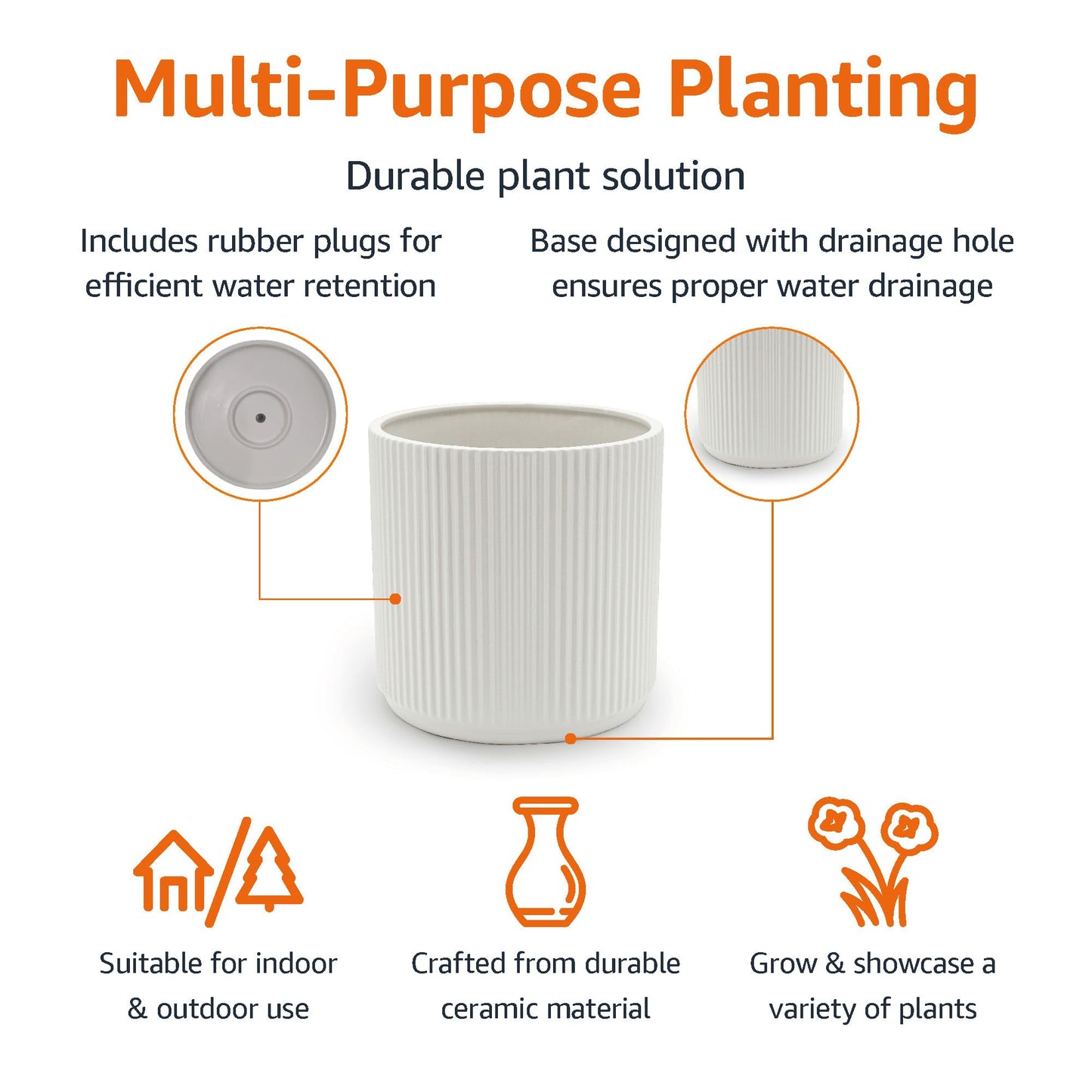 Amazon Basics Fluted Ceramic Round Planter, 8-inch, White