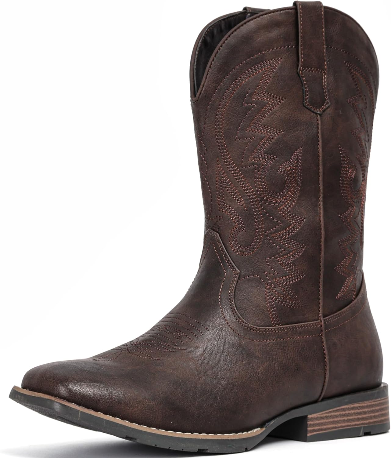 IUV Cowboy Boots For Men with Wide Square Toe Western Retro Boot Durable Classic Fashionable Embroidered Pull On Slip Resistant Boots