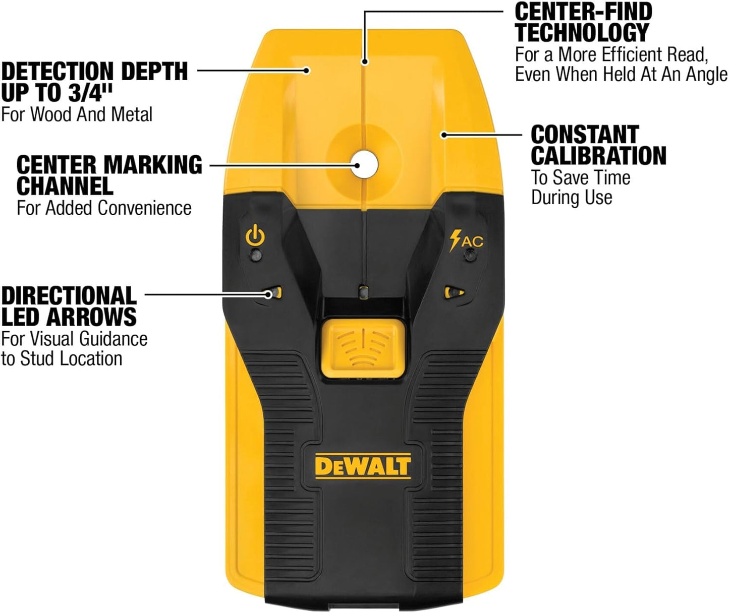 DEWALT Stud Finder, 3/4”, Locate Framing Studs Efficiently with LED Arrows, Ideal for Wood and Metal, AAA Batteries Included (DW0100)