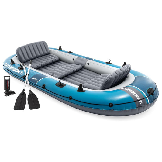 INTEX 66325EP Excursion 5 Inflatable Boat Set: Includes Deluxe 54in Aluminum Oars and High-Output-Pump – Adjustable Seats with Backrest – Fishing Rod Holders – 5-Person – 1320lb Weight Capacity