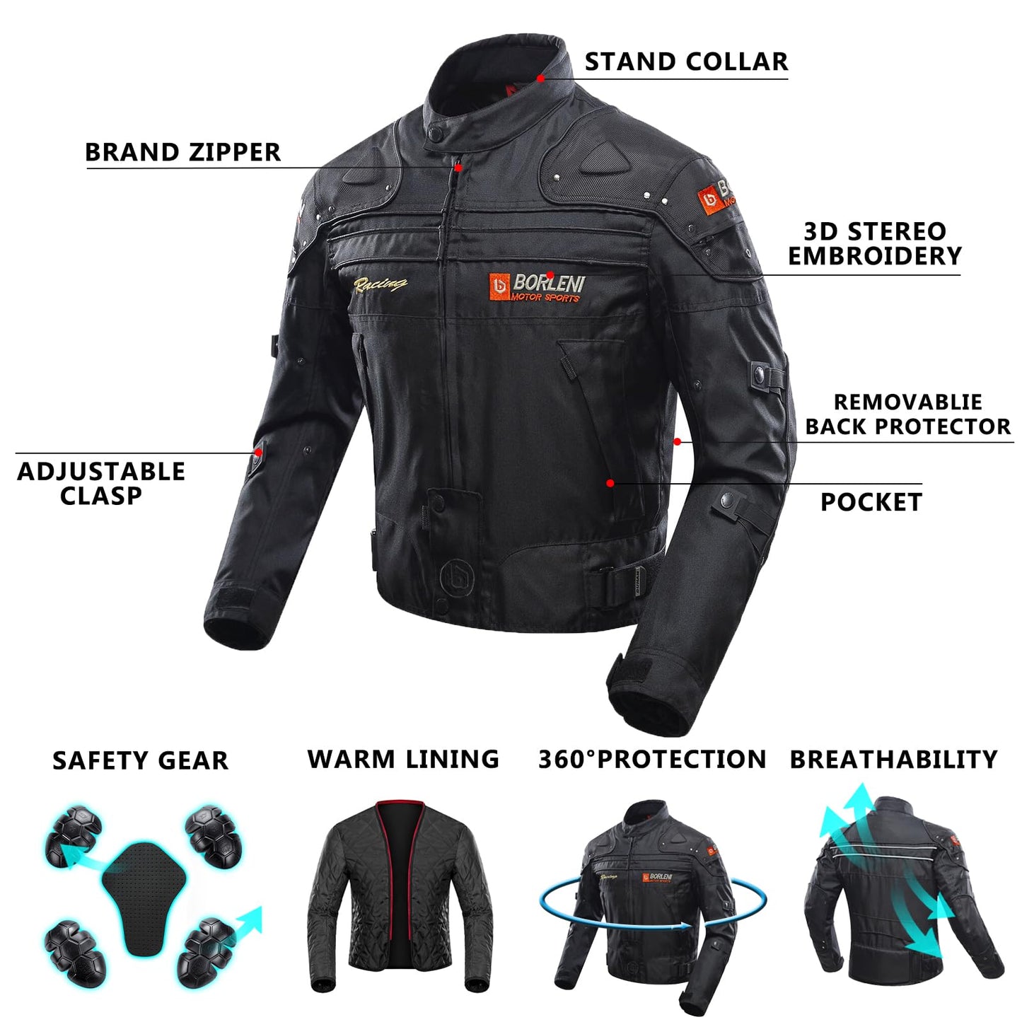 BORLENI Motorcycle Jacket Motorbike Riding Jacket Windproof Motorcycle Full Body Protective Gear Armor