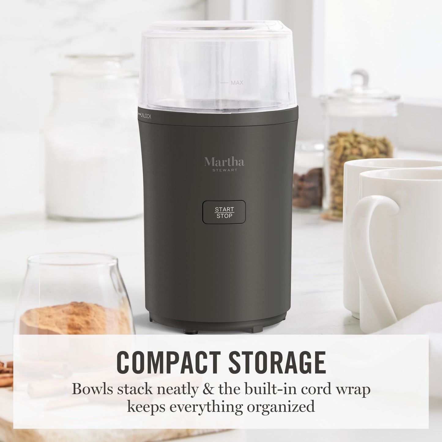 Martha Stewart Electric Coffee & Spice Grinder, Dual 2.5oz Removable Bowls, Storage Lids, Stainless Steel Blades, One Touch Pulse Control, 2-in-1 Compact, Beans & Spices, Herbs & Nuts, Sky Blue