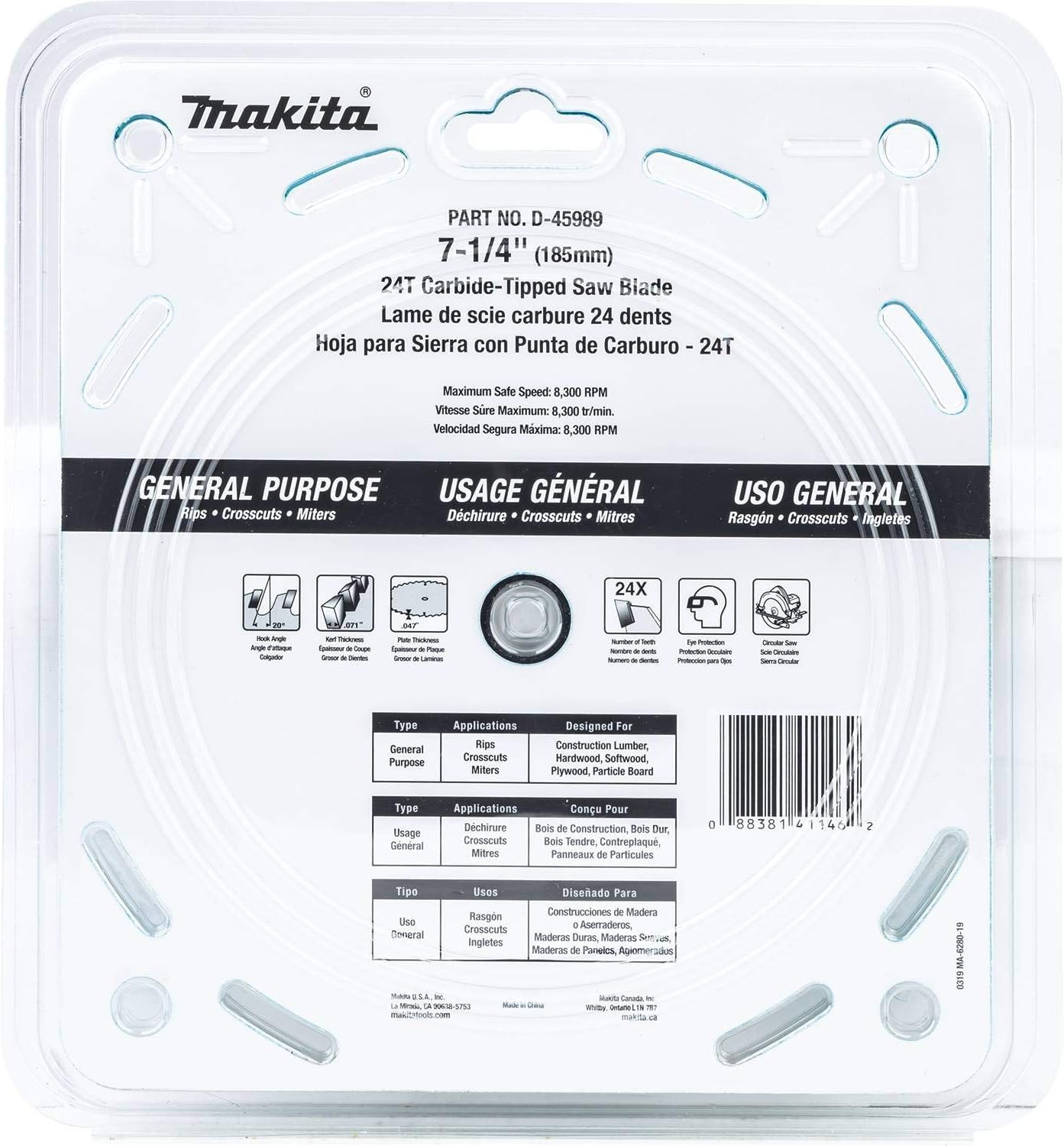 Makita D-45989 7-1/4" 24T Carbide-Tipped Circular Saw Blade, Framing/General Purpose