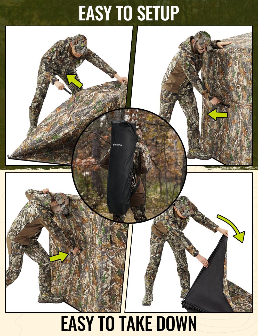 TIDEWE Hunting Blind See Through with Carrying Bag, 2-3 Person Pop Up Ground Blinds 270 Degree, 300D Portable Resilient Hunting Tent for Deer & Turkey Hunting (Camouflage)