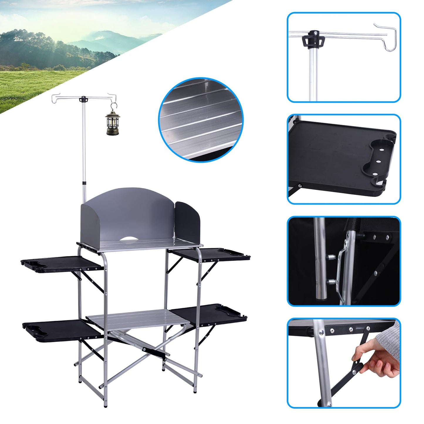 Nice C Camping Kitchen Station, Camping Table, Picnic Table, Grill Table, Folding Table, Upgrade Light Stand and Windshield Cooking Station & Organizers, Carry Bag for Beach, Picnic (Black)