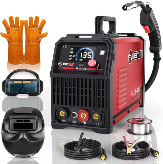 BESTMIG 135A MIG Welder - 3-in-1 Flux Core Welder, MIG/Lift TIG/Stick Welding Machine - Portable IGBT Inverter - 110V with Welding Helmets and Gloves (Red Black, MIG 135A Welder)