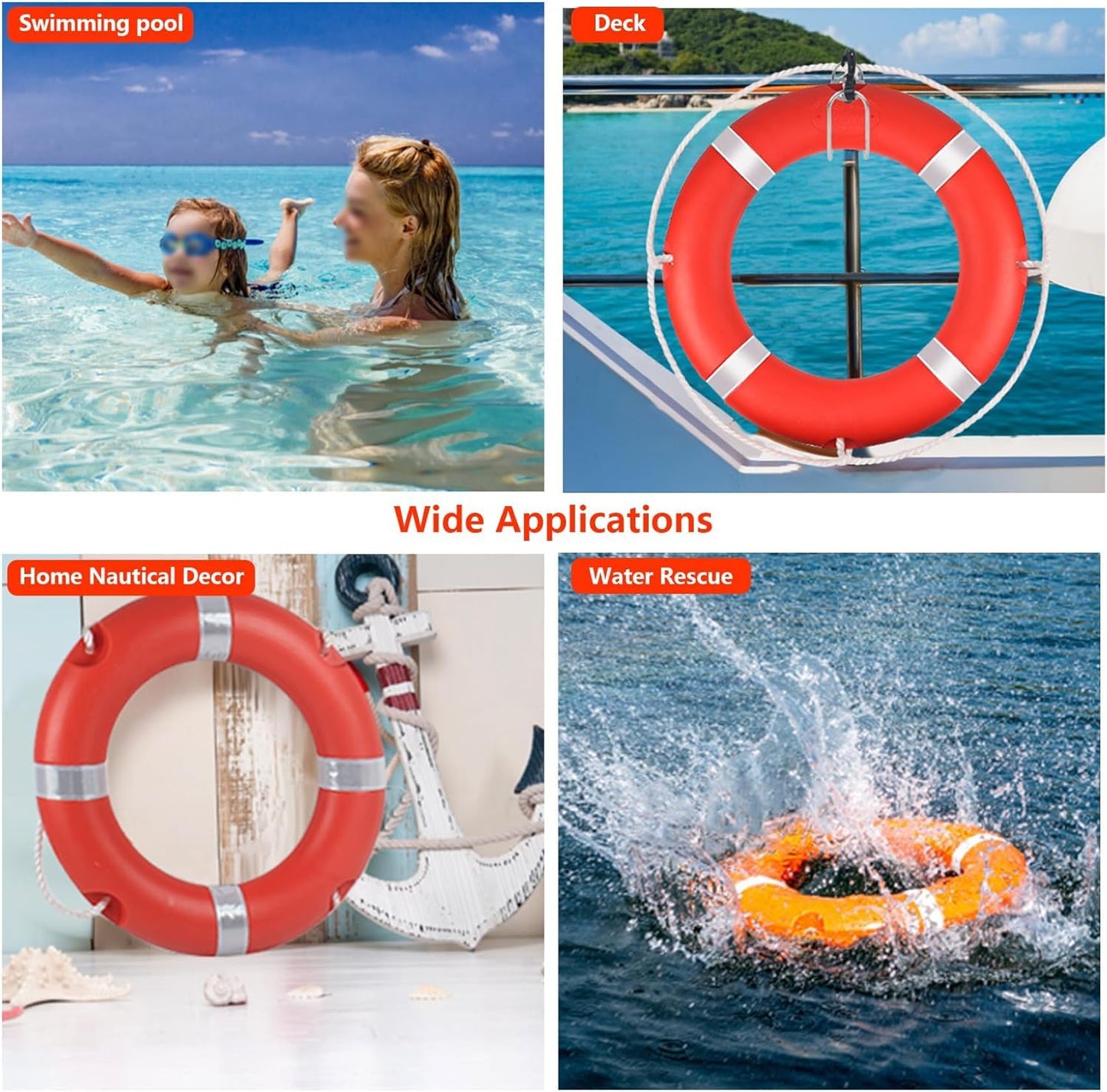 Life Ring Buoy Boat Safety Throw Ring with Water Floating Lifesaving Rope 98.4FT Set, Outdoor Professional Throwable Flotation Device (23in)