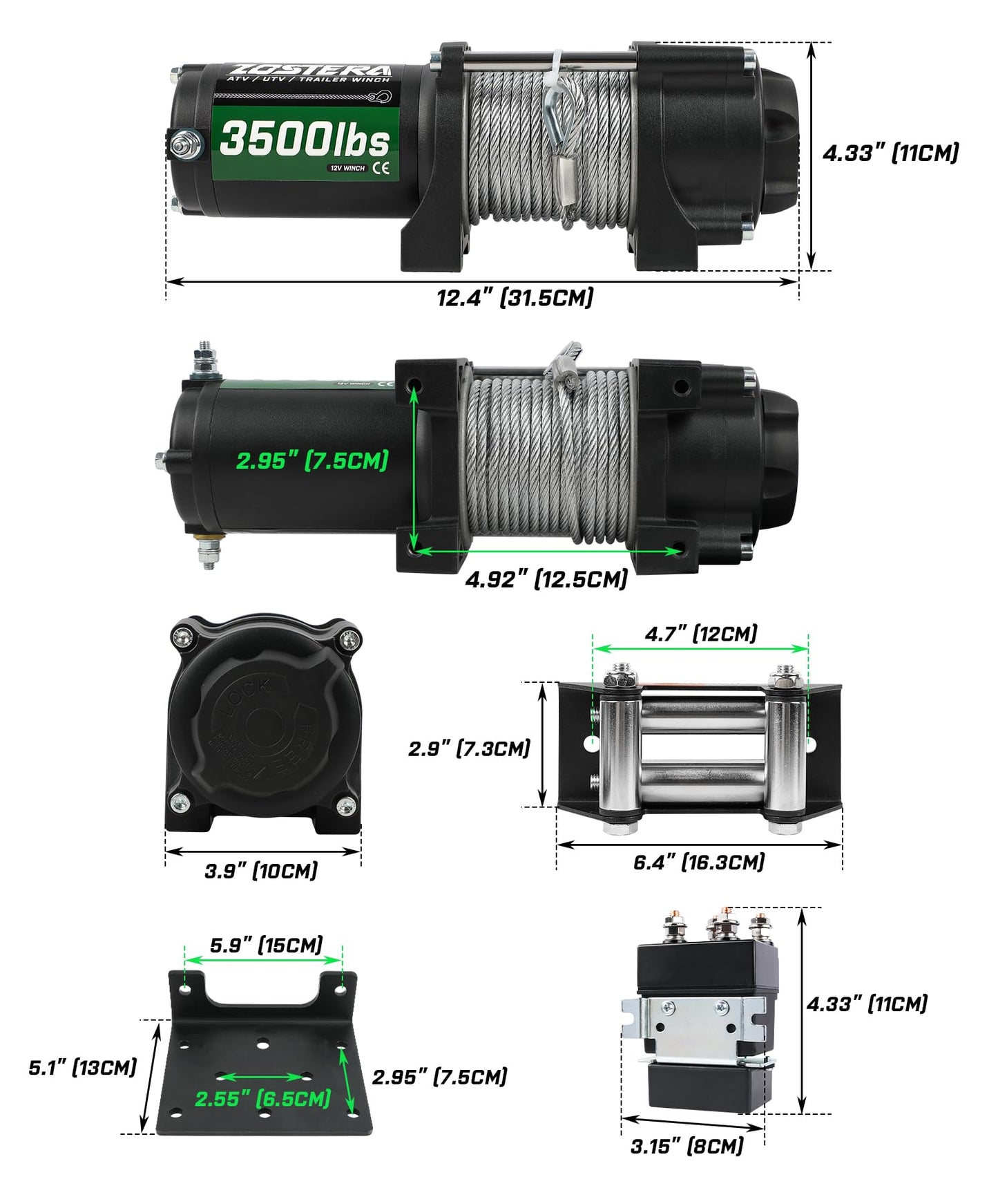 3500lbs ATV/UTV Winch with Synthetic Rope, Electric Boat Trailer Winch 12V, Waterproof Winch with 2 Wireless Remotes &Wired Switch,with Mounting Plate,Pulley,Rope Damper,Aluminium Fairlead