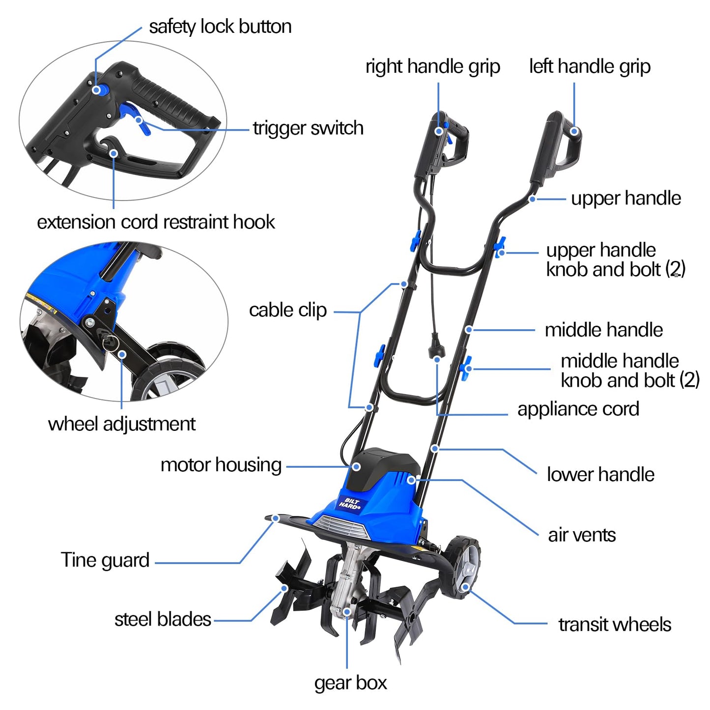 BILT HARD Tiller Cultivator 16 inch, 13.5 Amp 6 Steel Tines Tillers for Gardening Foldable, Electric Garden Rototiller with Adjustable Wheels