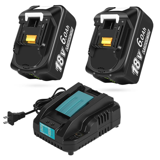 Upgraded 6.0Ah Replcement for Makita 18V Battery 2Pack with Charger Compatible with Makita 18 Volt Power Tools Black