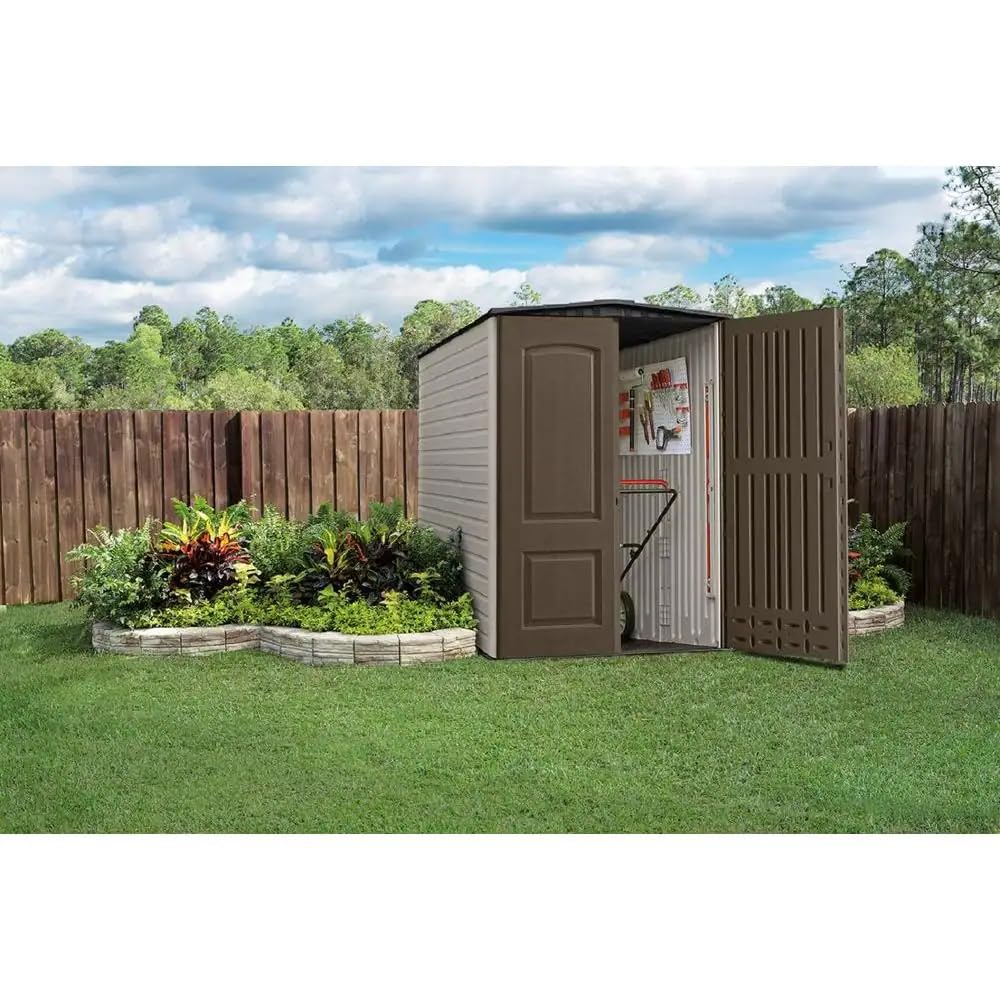 Rubbermaid Medium Vertical Resin Outdoor Storage Shed With Floor (5 x 4 Ft), Weather Resistant, Brown, Organization for Home/Backyard/Pool/Garden/Lawn Tools