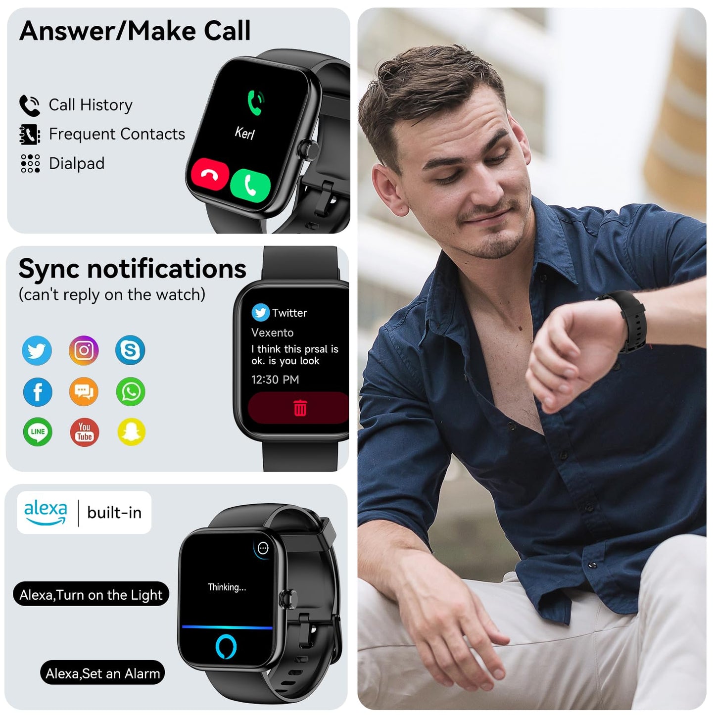Smart Watch with Alexa Built-in, 1.83" HD Touchscreen, Bluetooth Calling Fitness Tracker, Health Monitor Heart Rate/Sleep Tracking, IP68 Waterproof, 120+ Sports Modes for Android iPhone (Black)
