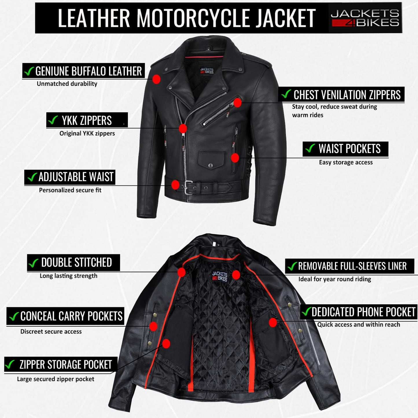 ICONIC Motorcycle Jacket for Men, Premium Buffalo Leather, Insulated Liner, Classic Side Laces, Cruiser Biker Black L